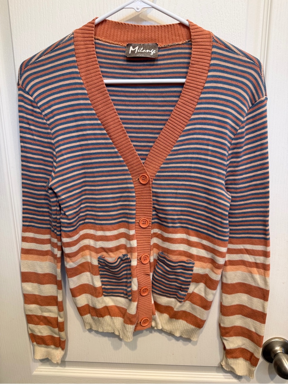 Melange Striped Button Cardigan Rust Blue Cream Patch Pockets Retro Preppy